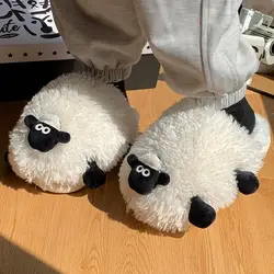 Chinelos de animais dos desenhos animados criativos e fofos para mulheres, Sapatos macios de algodão de ovelha, Slides fofos, Sapatos interiores Kawaii, Inverno