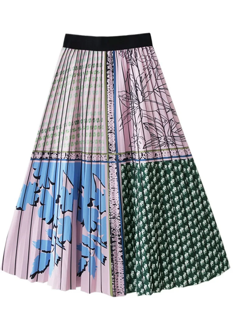 

Vintage Pleated Color Contrast Printing Fashion Irregular Stitching Chiffon Medium And Long Retro Bottom Clothing G385