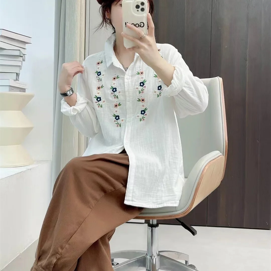 New Summer Cotton Long Sleeve Shirt, Women Lapel Embroidery Tops, Mori Girl Vintage Simplicity Loose Blouses, 2024 Fall T47885QC