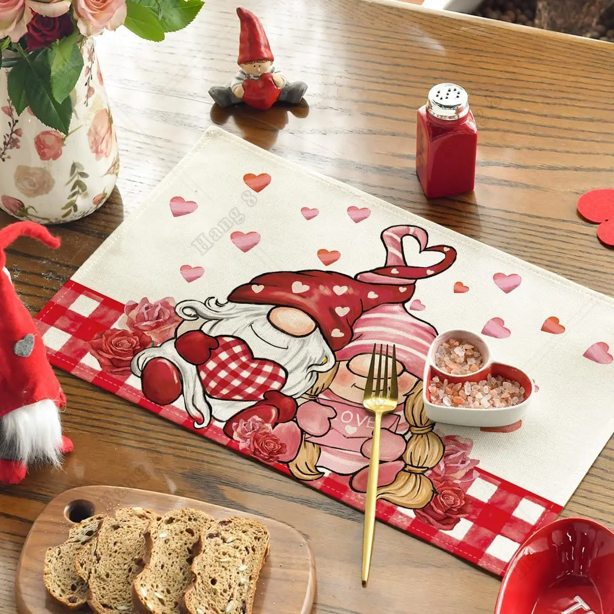 Red Plaid Cute Couple Gnomes Heart Valentine's Day Placemats Set of 4 12x18 In Winter Table Mats for Party Kitchen Dining Decor