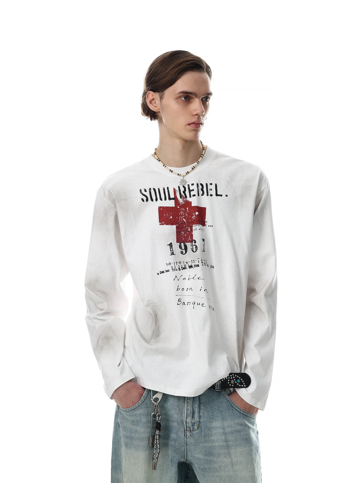 Loose Fit Long Sleeve T-Shirt Men's Vintage American Punk Cross Letter Print Cotton Top Skin-friendly Breathable Casual Wear
