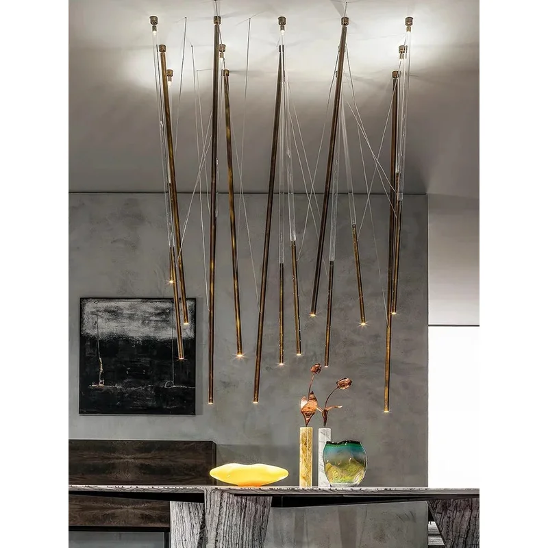 American Style Pendant Long Strip Light Nordic LED Luxury Lighting Bronze Color Lighting Fixture For Living Room Art Decor
