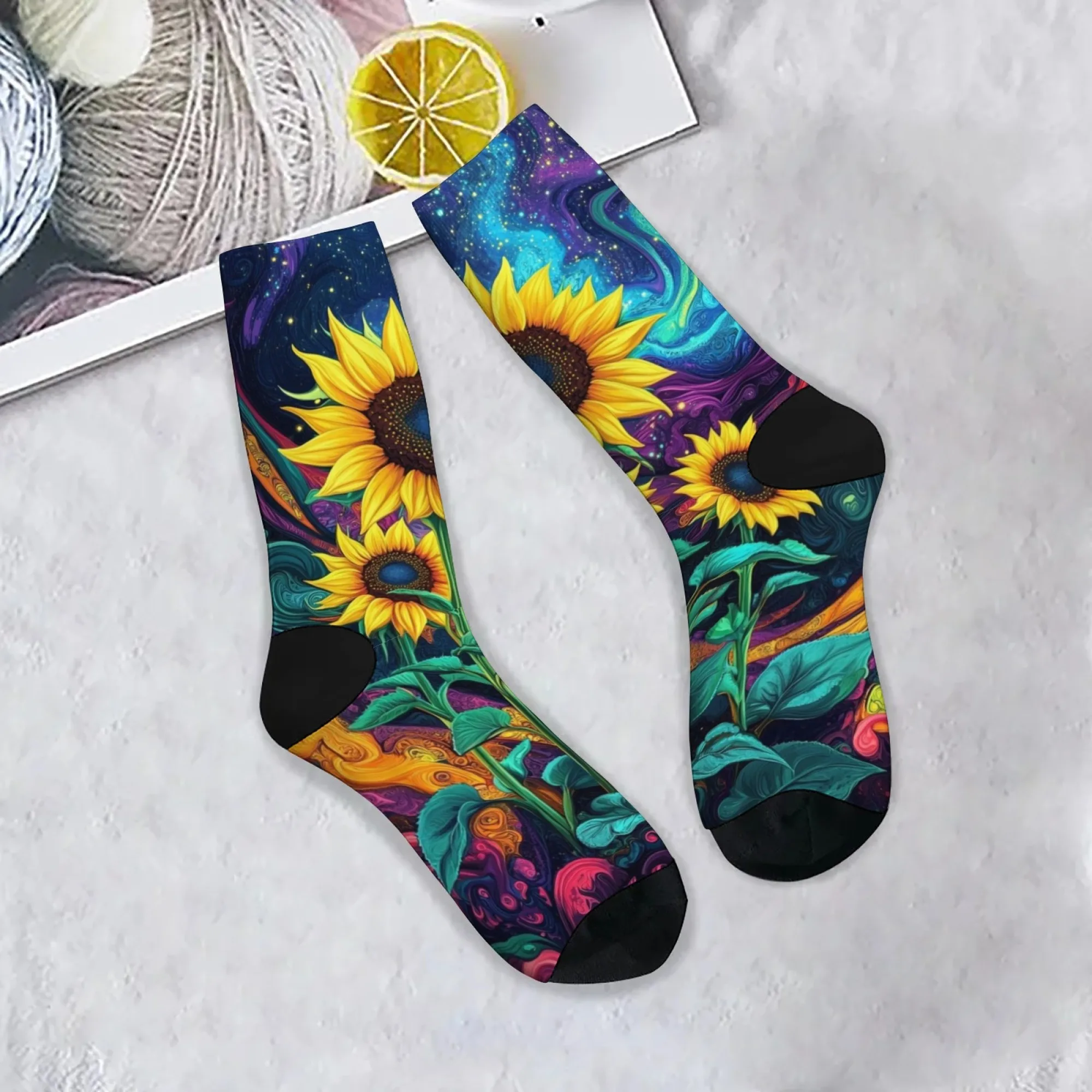 Verträumte Sternenhimmel-Sonnenblumensocken, Retro-Mode, Herrensocken, bequem, atmungsaktiv, lässig, Sportsocken, Neuheit, Party, lustiges Geschenk