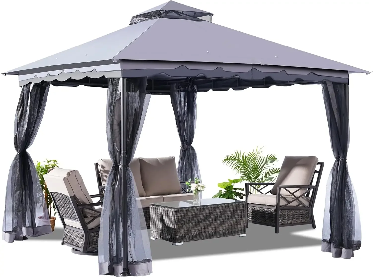 FAB BASED 10x10ft Patio Gazebo with Mosquito Netting and Sand Bag, Fireproof Enclosure & Waterproof Screen Tent, Garden Pavilion