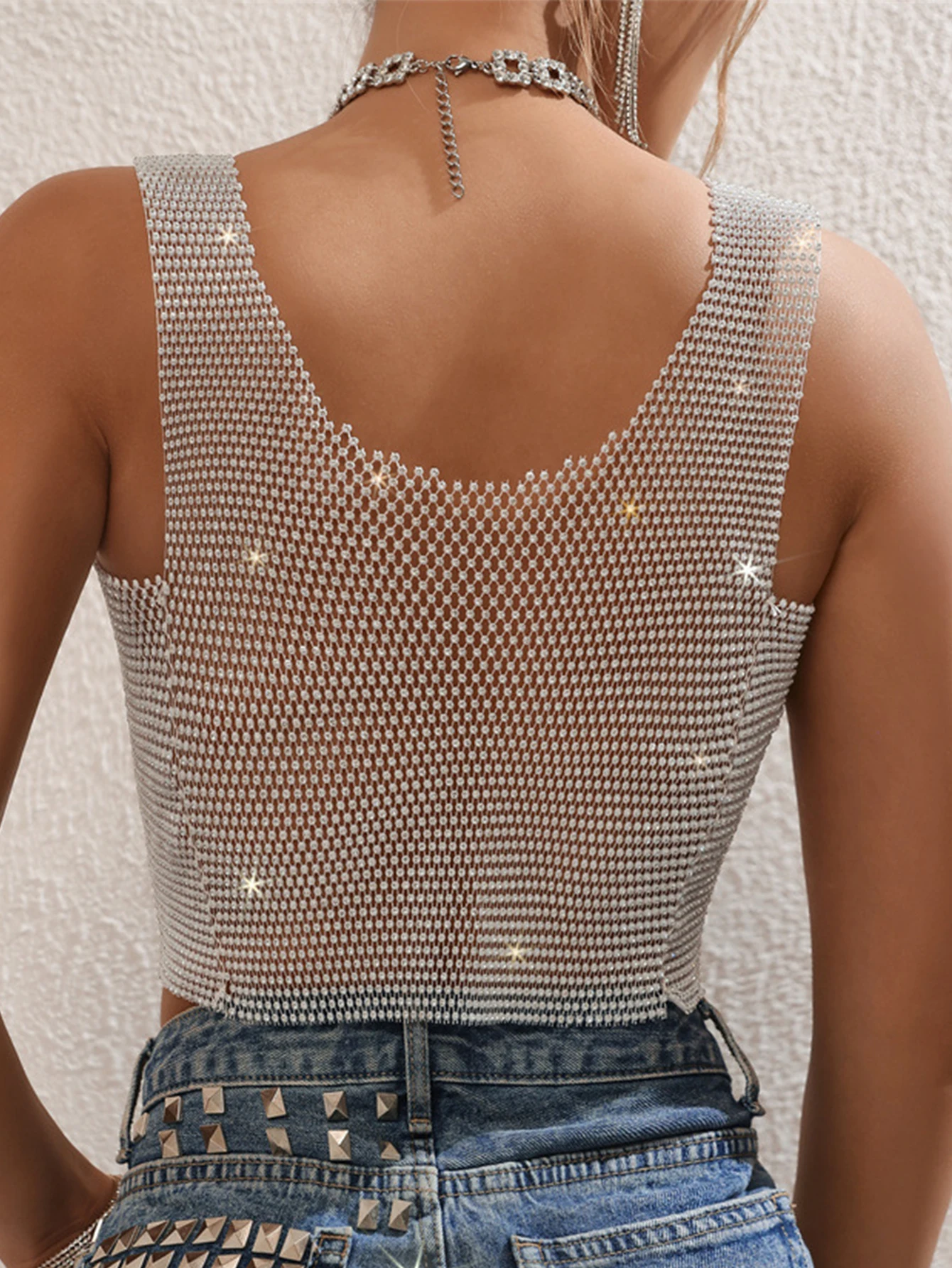 Sexy see through metal rhinestone crop top women summer y2k clothes body fishnet beach club party tank tops woman rave outfit