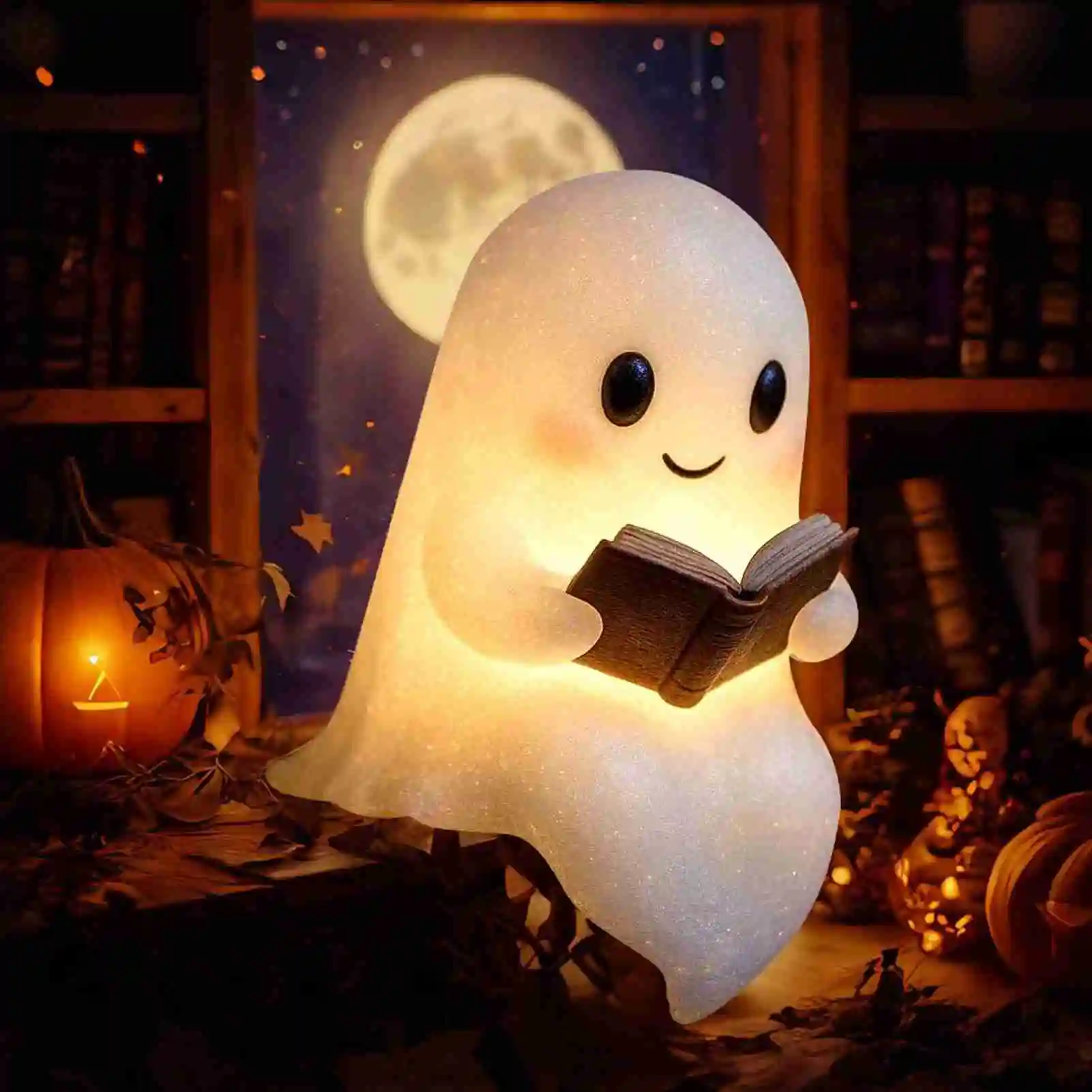 Cute Ghost Reading Book Night Light Resin Battery Operated LED Light Up Cute Ghost Desk Lamp for Bedroom Bedside Holiday Decor