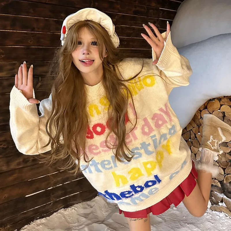 文字が刺繍されたカラフルなセーター,ヴィンテージ,カジュアル,シックなトップス,原宿,y2k,e-girlsレインボーエステティック,キュートでキュート