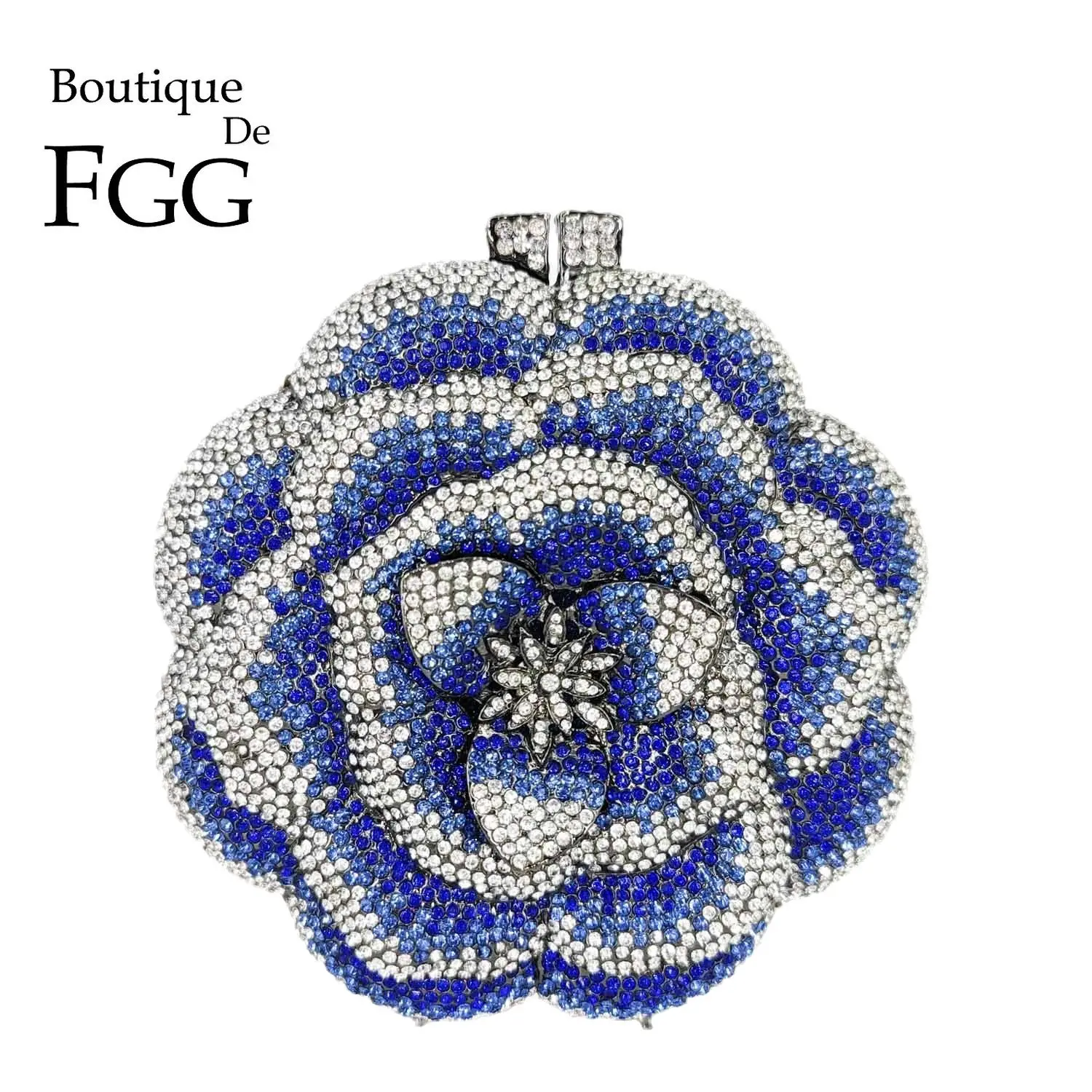 Boutique De FGG Women Blue Evening Bags Flower Wedding Bridal Crystal Clutch Purses Party Dinner Rhinestone Handbags