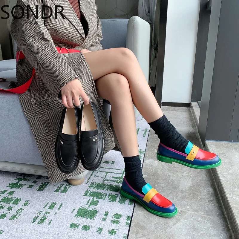 Womens Round Toe Rainbow Colors Real Cow Leather Low Heel Brogue Wingtip Shoes British Style Loafers Moccasins Black New 2024