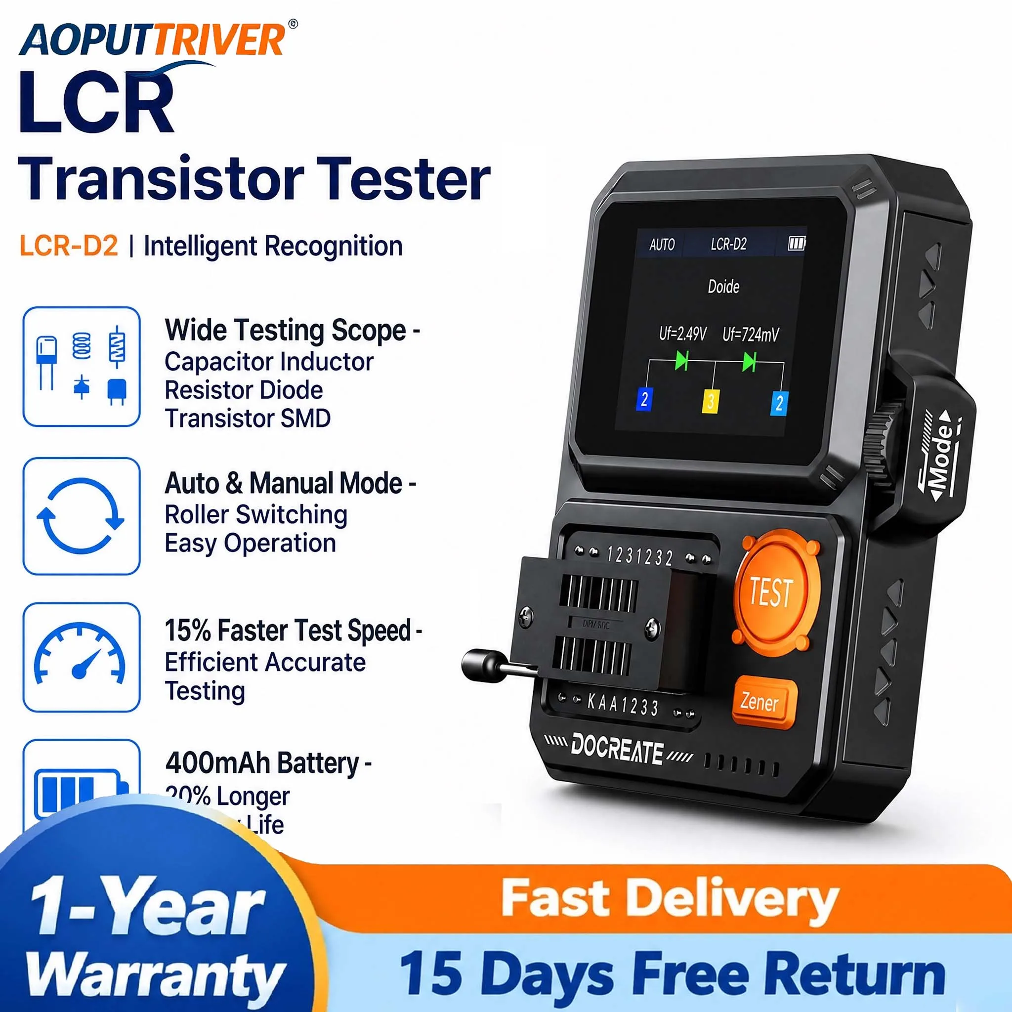 LCR-D2 Smart SMD Tweezer LCR Meter Capacitor Inductance Resistance ESR Diode Tester Digital Bridge 100Hz-10kHz Portable