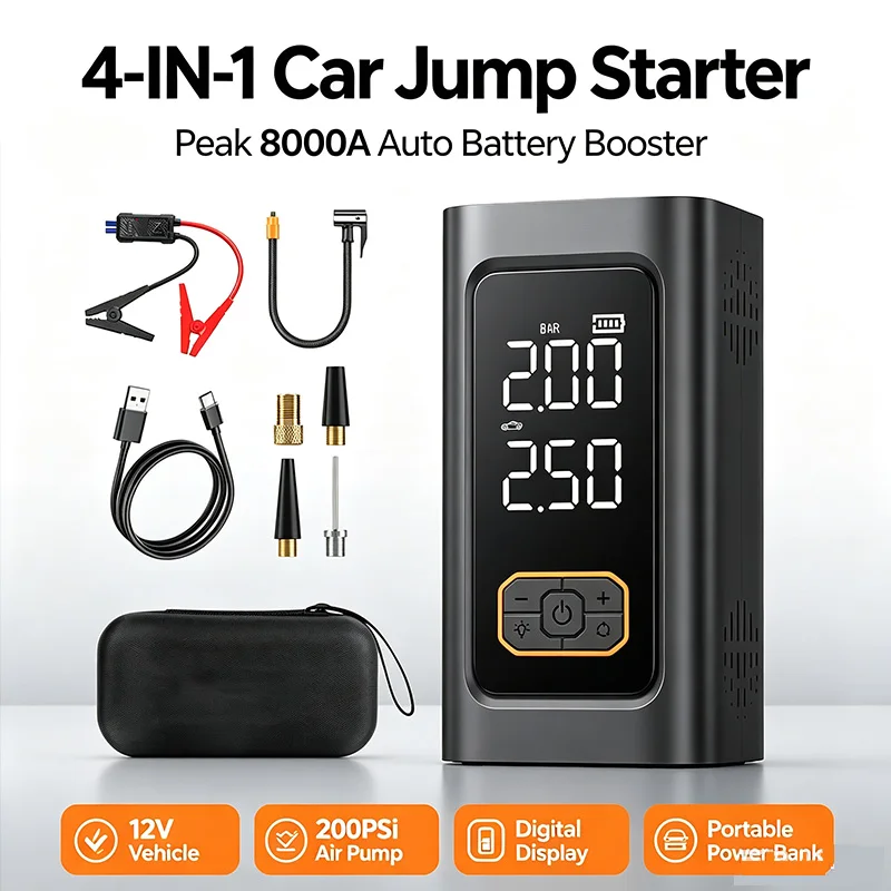4-IN-1 Car Jump Starter Peak 8000A Auto Battery Booster Large LED Display Portable Power Bank Tire Inflator with Air Compressor