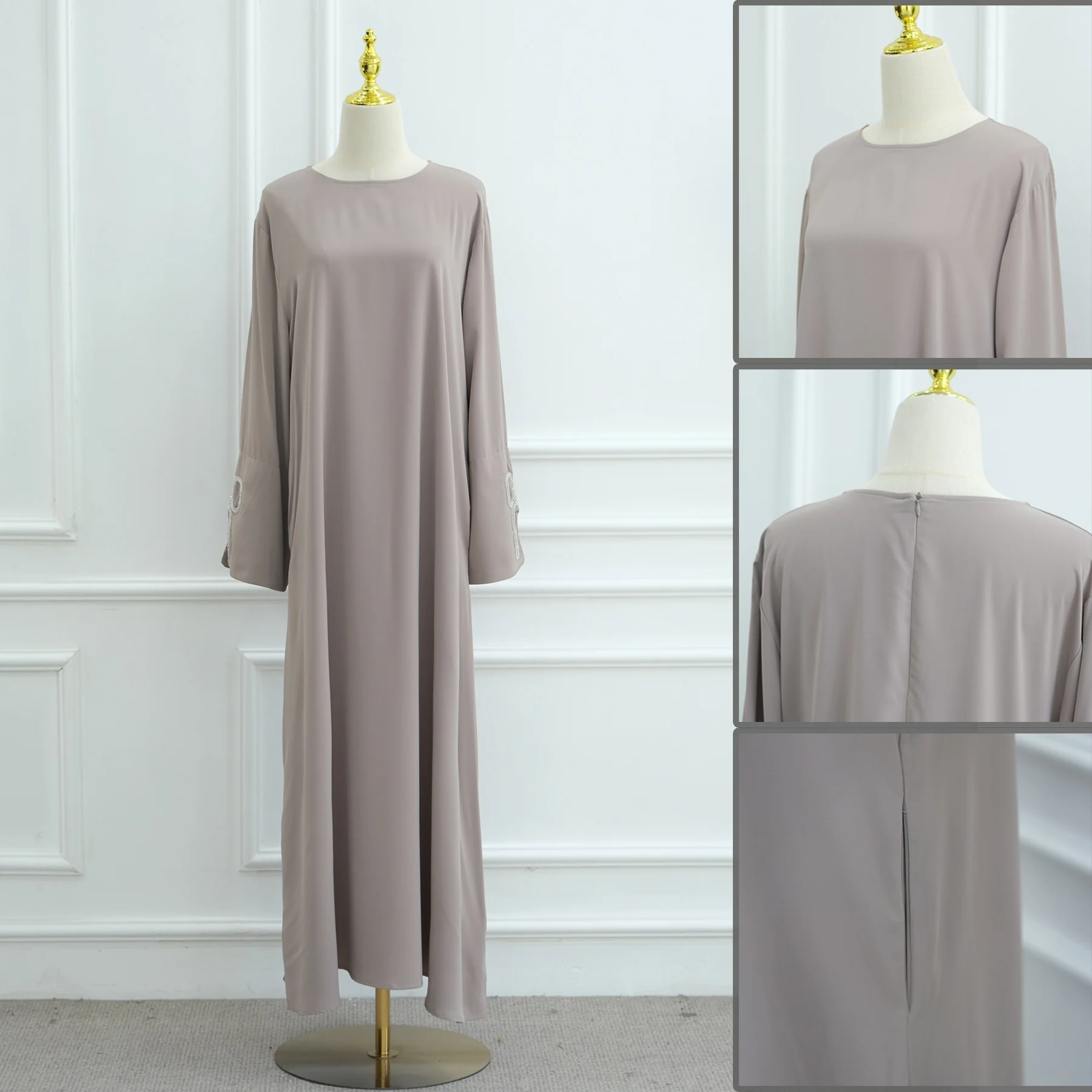 Elegancka, luźna abaja muzułmańska, ręcznie robione diamenty, kokarda, boczne kieszenie, szata hidżab, zamknięta abaja, elegancka odzież islamska z Dubaju.