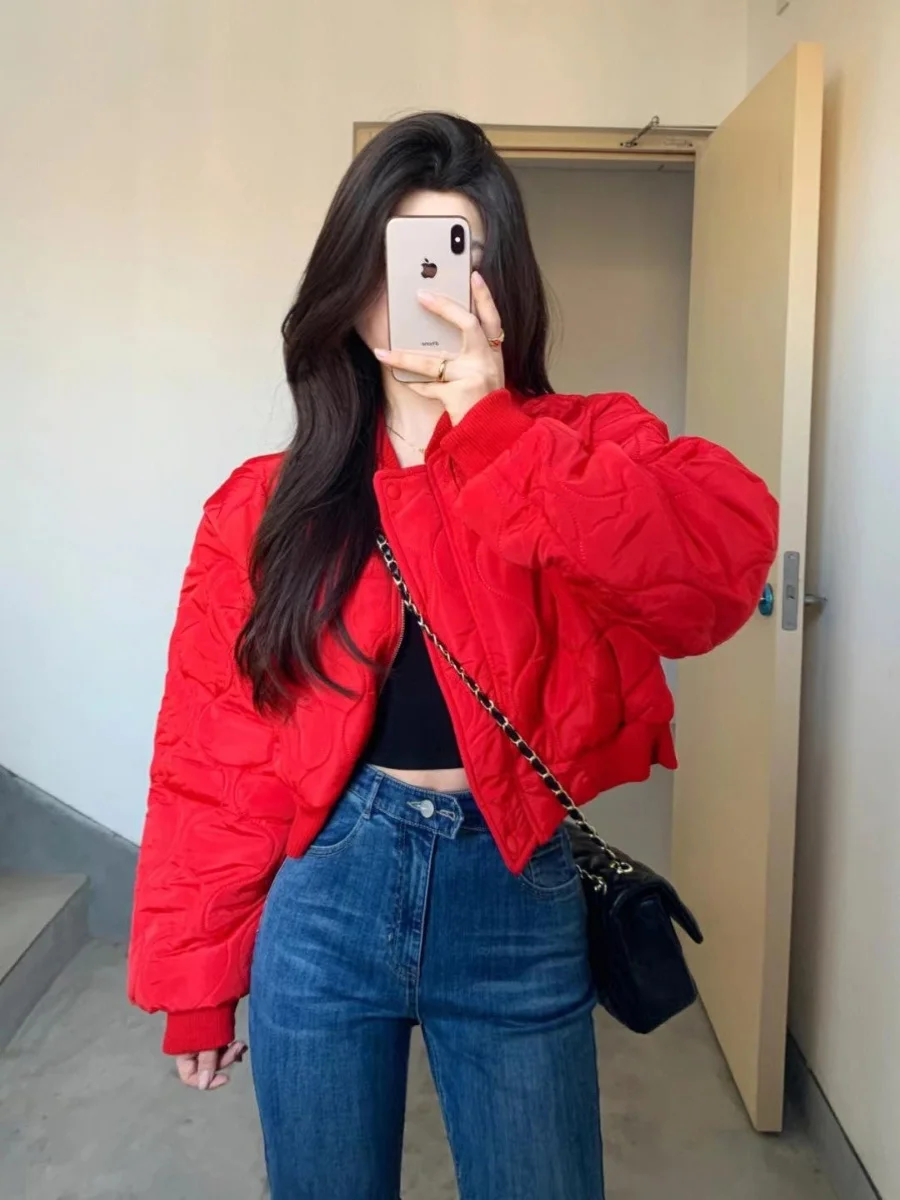 

Korean Sle Red ort Thiened Cotton Jaet Women's Winter Coat Small Size 2024 Cotton Clothes Outerwear Soft Gentle Wind