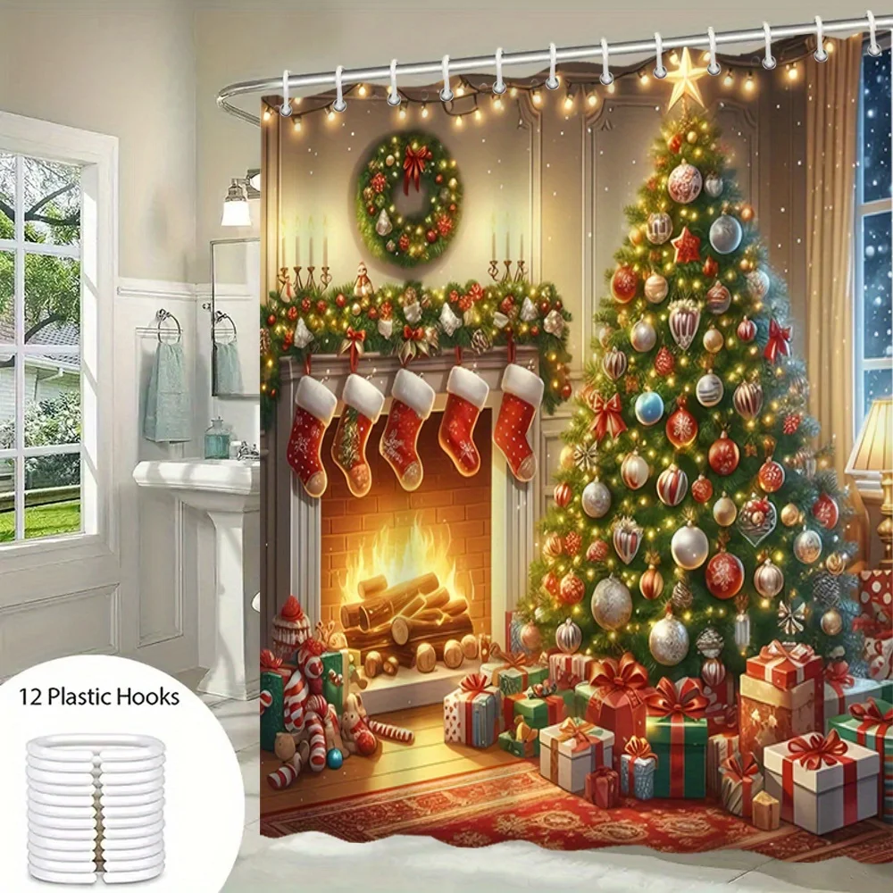 

«Зауютная рождественская занавеска для душа — елка, камин, чулки и подарки для праздничного декора ванной комнаты»