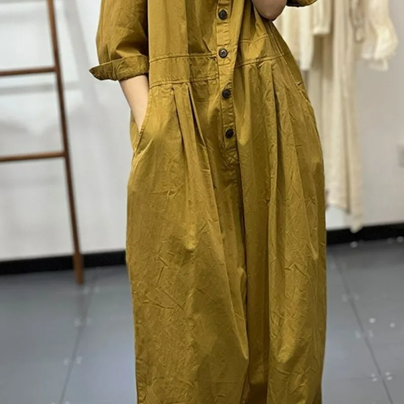 

Summer New Original Korean Fashion Jumpsuits for Women Literary and Artistic Elegance Single Breasted Patchwork Pocket Jumpsuit