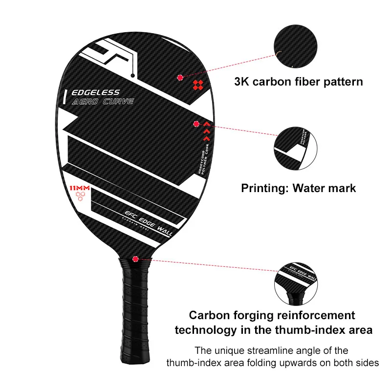 High Quality Lightweight 11MM Thickness Long Grip Hot press Integrated Carbon Fiber Pickleball Paddle