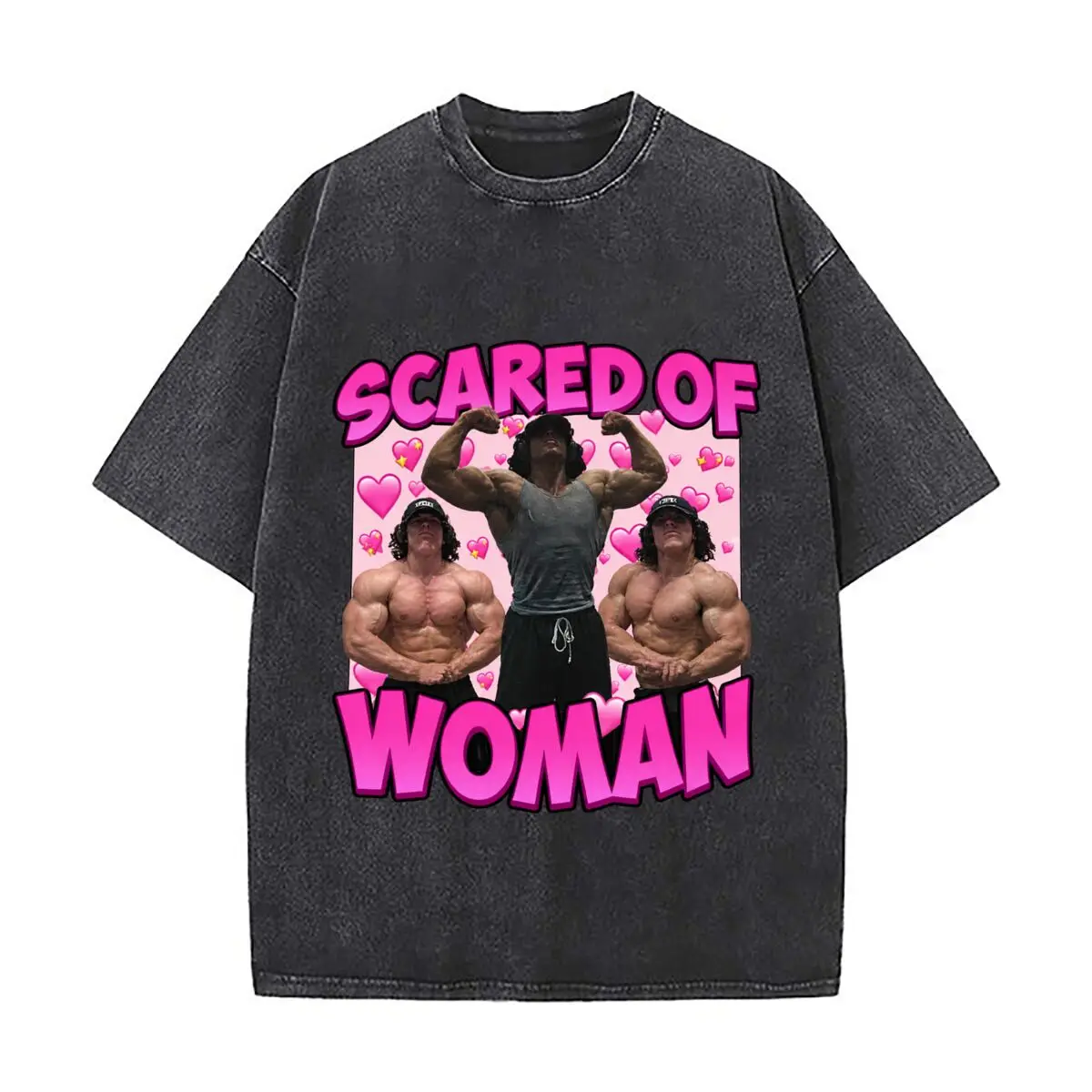 Sam Sulek Scared Of Woman Gym Bodybuilder Humor Graphic Pink Hearts Washed Vintage Short Sleeve Loose Streetwear Tee