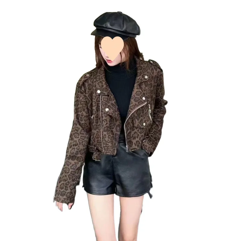 

Короткая куртка с леопардовым принтом в стиле ретро для женщин, осень 2026, модная универсальная и утягивающая верхняя одежда в корейском стиле для миниатюрных женщин