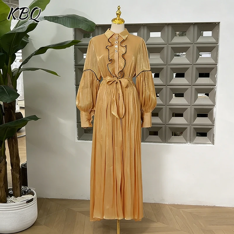 

KBQ Solid Ruffles diamond Decoration Tunic Midi Dress for Women Lapel Lantern Sleeve Spliced Lace Up Pleated Chic Dresses Female