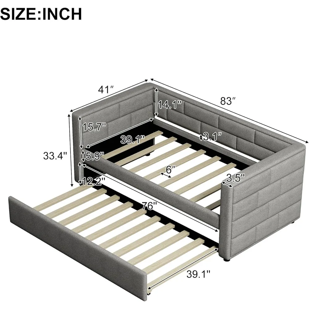 Upholstered Daybed with Trundle and Padded Back, Multifunctional Corner Sofa Bed Frame with Solid Construction, Easy Assembly