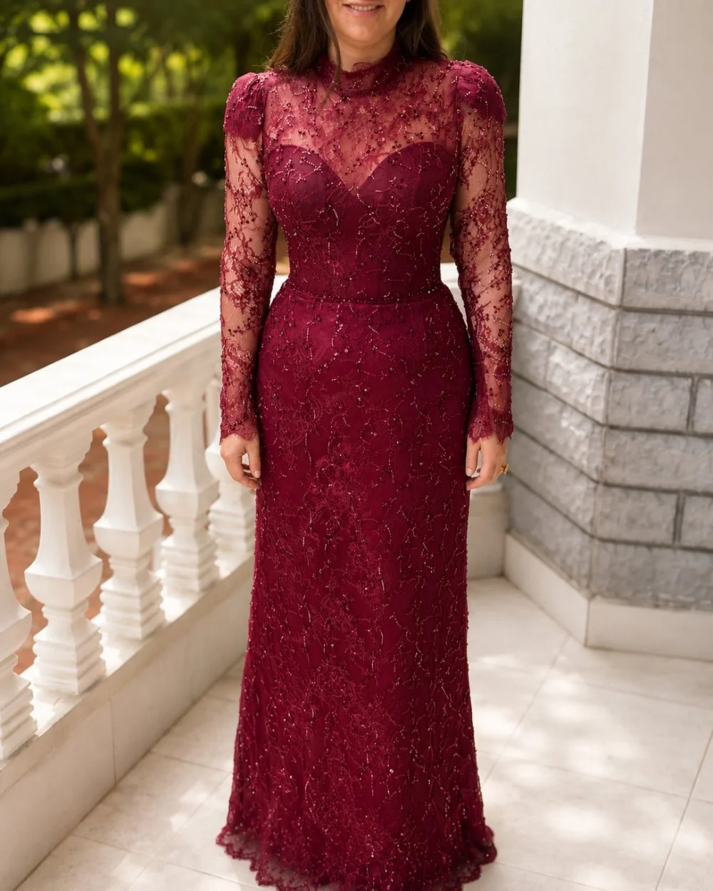 

Customized Elegant Women Lace Beading Ruched Straight Evening Dresses Classic High Collar Long Sleeves Floor Lenght Prom Dresses