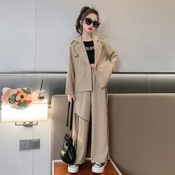 School Kids Clothes Set Spring Autumn Khaki Blazer Pants Two Pieces Teenager Children Costumes 12 13 14 Years Casual Girls Suit