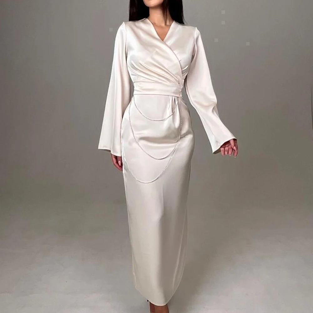 

CustomizedElegant Party Dresses Woman Jersey Long Sleeves Straight Ankle Length V Neck Pleats Solid White Dresses For Formal Occ
