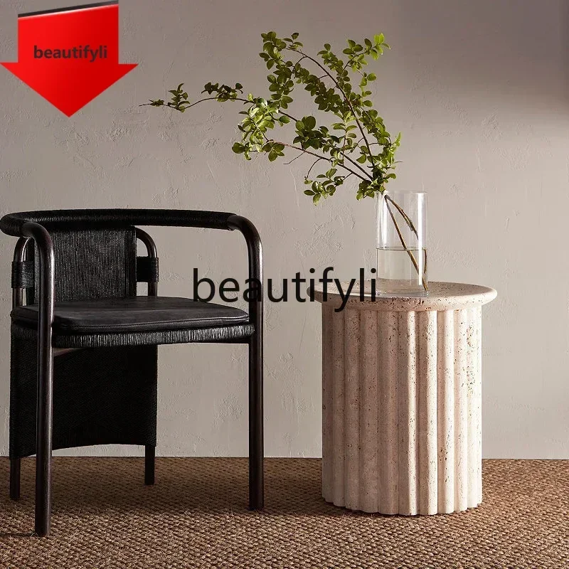 Q181 Nordic wabi-sabi creative round travertine small side table light luxury modern coffee table