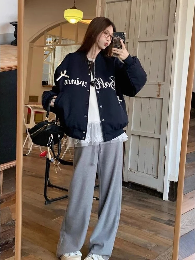 American Retro Letter Print Bow Baseball Women Loose Design Bomber Coat 2026 Spring Autumn Casual Streetwear Tops