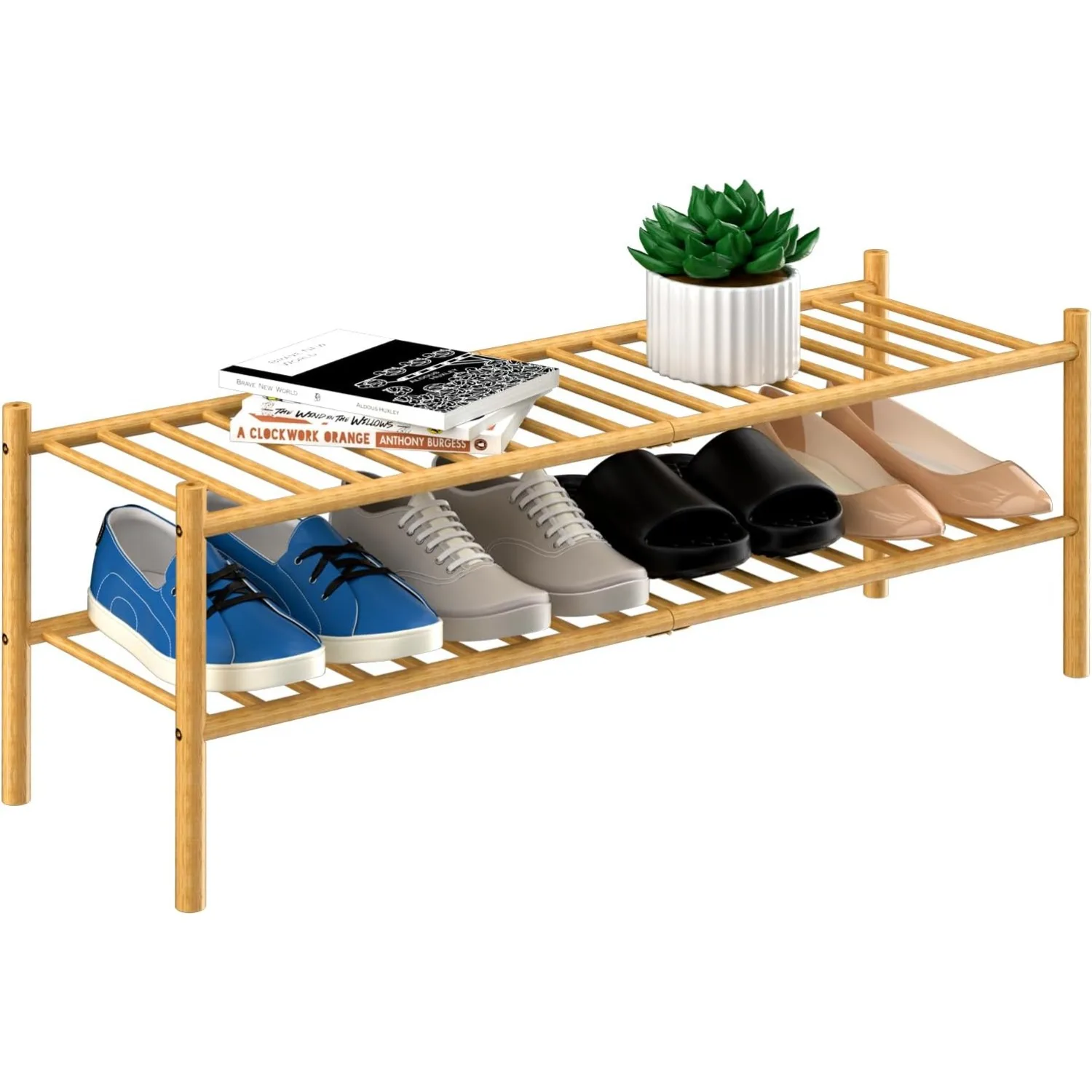 

Двухуровневая бамбуковая длинная полка для обуви, отдельно стоящая деревянная полка для обуви, органайзер для хранения в шкафу, прихожей, штабелируемый, 35 x 11 x 13 дюймов (натуральный)