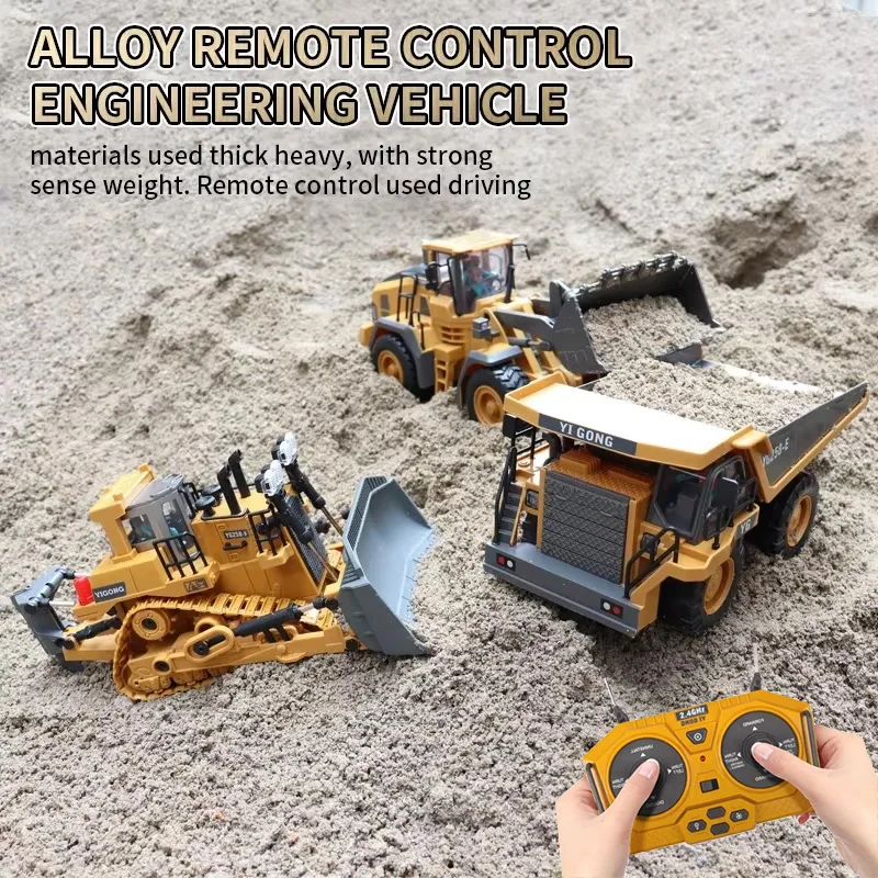 Giocattoli per auto telecomandati per bambini Escavatore Autocarro con cassone ribaltabile Bulldozer con luci Veicolo elettrico RC Regalo per ragazzi e ragazze Giochi all'aperto