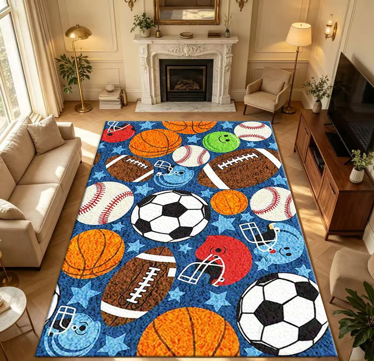 Multi-Sport Ball Pattern Carpet, Football, Basketball, Baseball Printed Non-Slip Floor Mat, Boys' and Children's Bedroom Rug