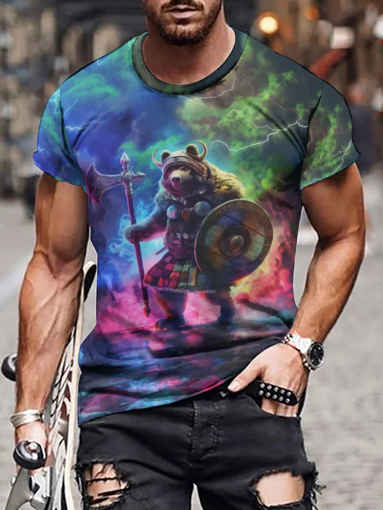 Футболка мужская стрейчевая с 3D-принтом медведя, Повседневная дышащая футболка микро стрейч, летняя одежда для улицы, 2024