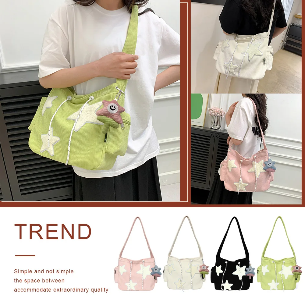 

Women Student School Bag with Pendant Cute Messenger Bag Large Capacity Corduroy Star Applique Leisure Travel Outdoor Bag