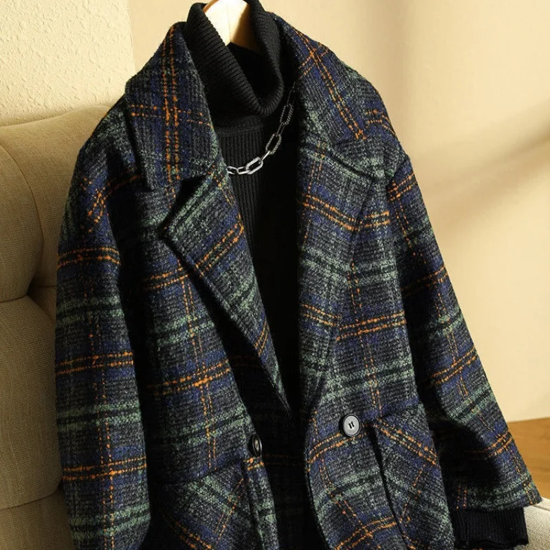 Damen Plus Size Karierte Wolljacke, Lose Midi-Länge, Ein-Knopf-Mantel mit Taschen, Herbst-Winter Neuheit, Modische Oberbekleidung – Detail 7