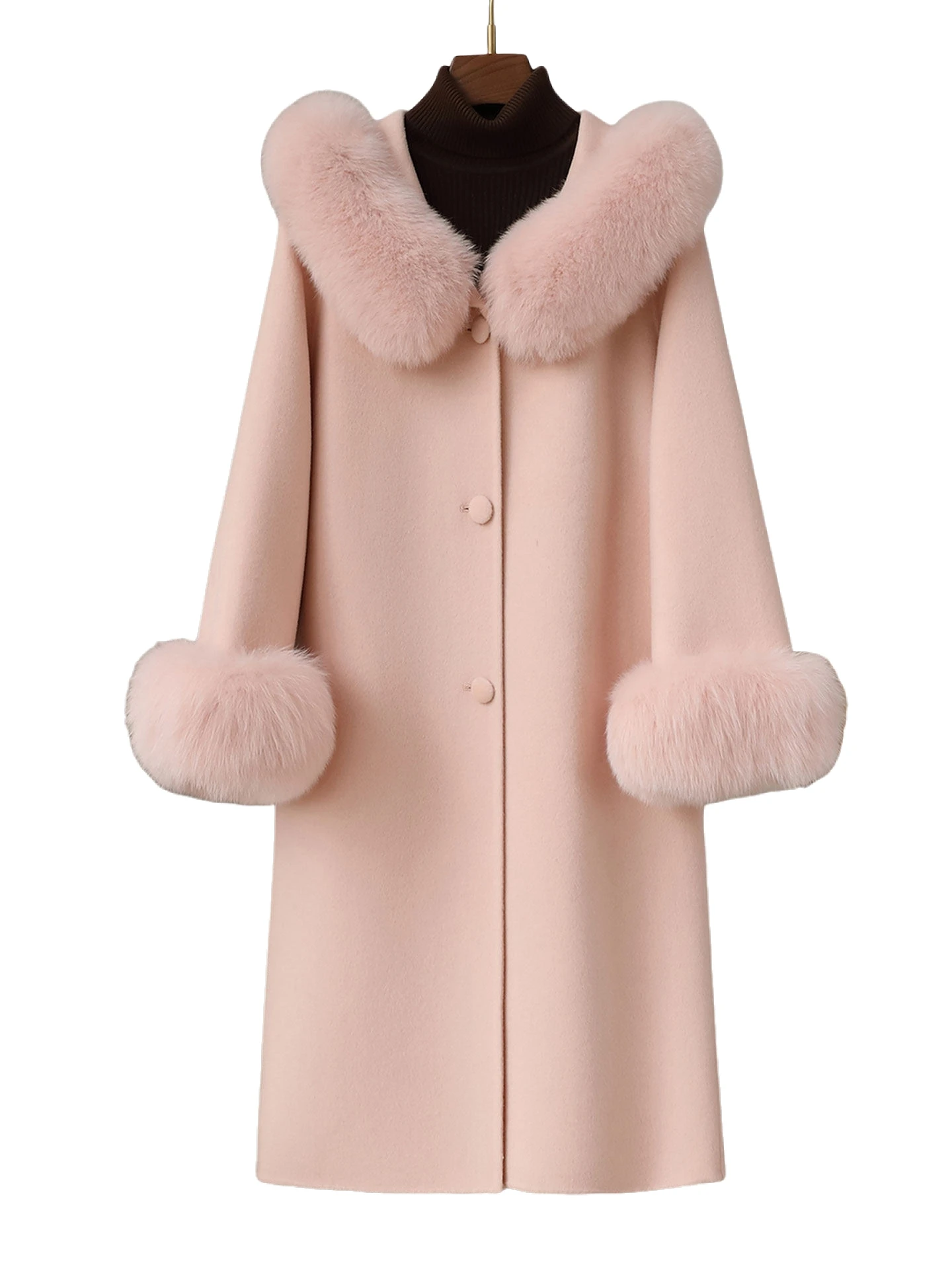 High-end cashmere double-sided woolen overcoat for women in autumn and winter, thickened and high-end woolen mid-length fox fur