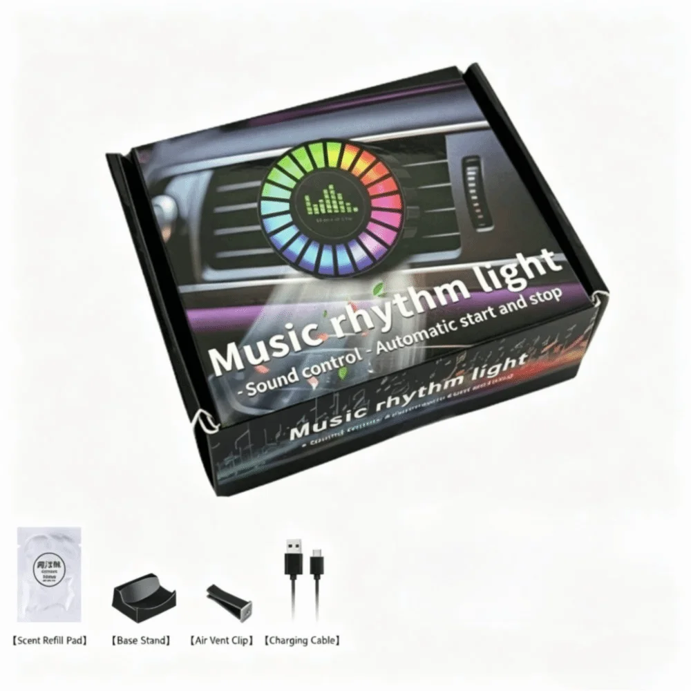 Rechargeable Car Ambient Light Vent Clip Sound-Activated RGB Music Rhythm Lamp Magnetic Pickup Round Shape Car Fragrance Light