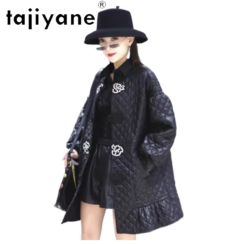 TAJIYANE Sheepskin Leather Trench Coat Mid Length Genuine Leather Jacket Woman Lantern Sleeve Jackets for Woman Padded Outerwear
