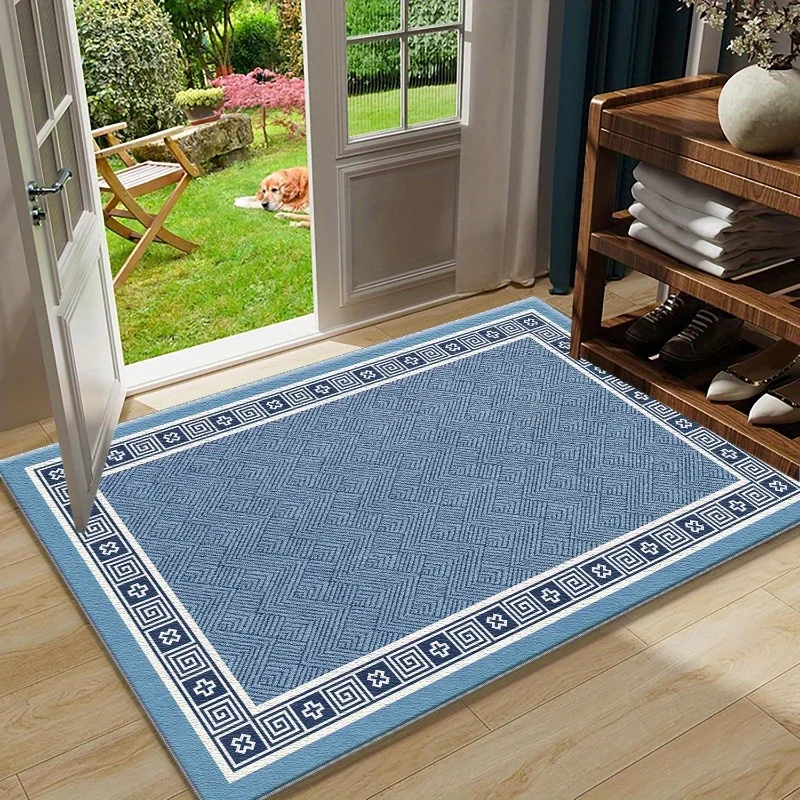 Blue White Geometric Doormat Classic Greek Key Border Print For Entryway Hallway And Timeless Home Decor