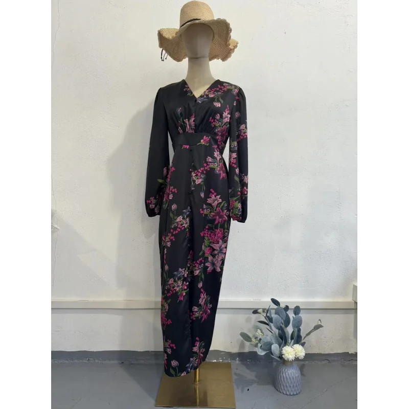 New Retro PrintVCollared Long Sleeve Waist-Cinching Slit Dress for Women Summer Elegant Slimming Maxi Dress