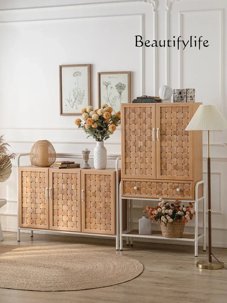 

Q French retro rattan dining side cabinet solid wood locker against the wall living room log color multi-functional