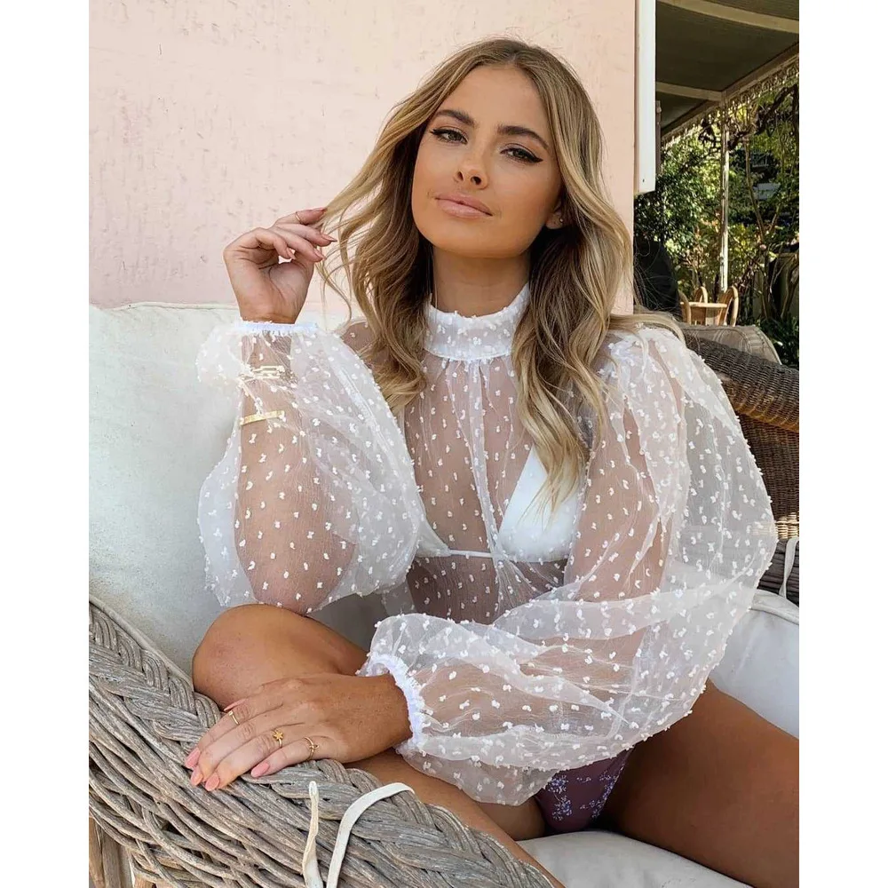 

Sexy See Through Mesh Lantern Sleeve Blouse Womens T Shirt with Bow Tie Belt Fashion 2024 New Style Transparent