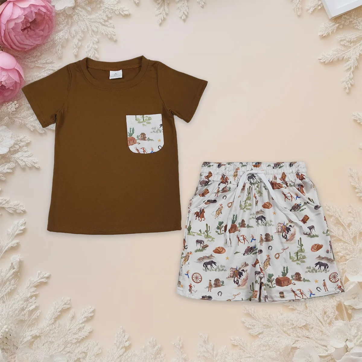 

Baby Boy Pocket Shirt Top Horse Rodeos Cactus Pockets Short Western Clothes Sets Toddler Outfits Comfortable Clothing Wholesale