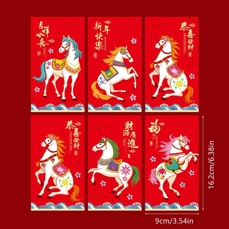 6 pçs/set 2026 ano novo chinês cavalo envelopes vermelhos bolsos de dinheiro da sorte para festival da primavera casamento celebrações de aniversário