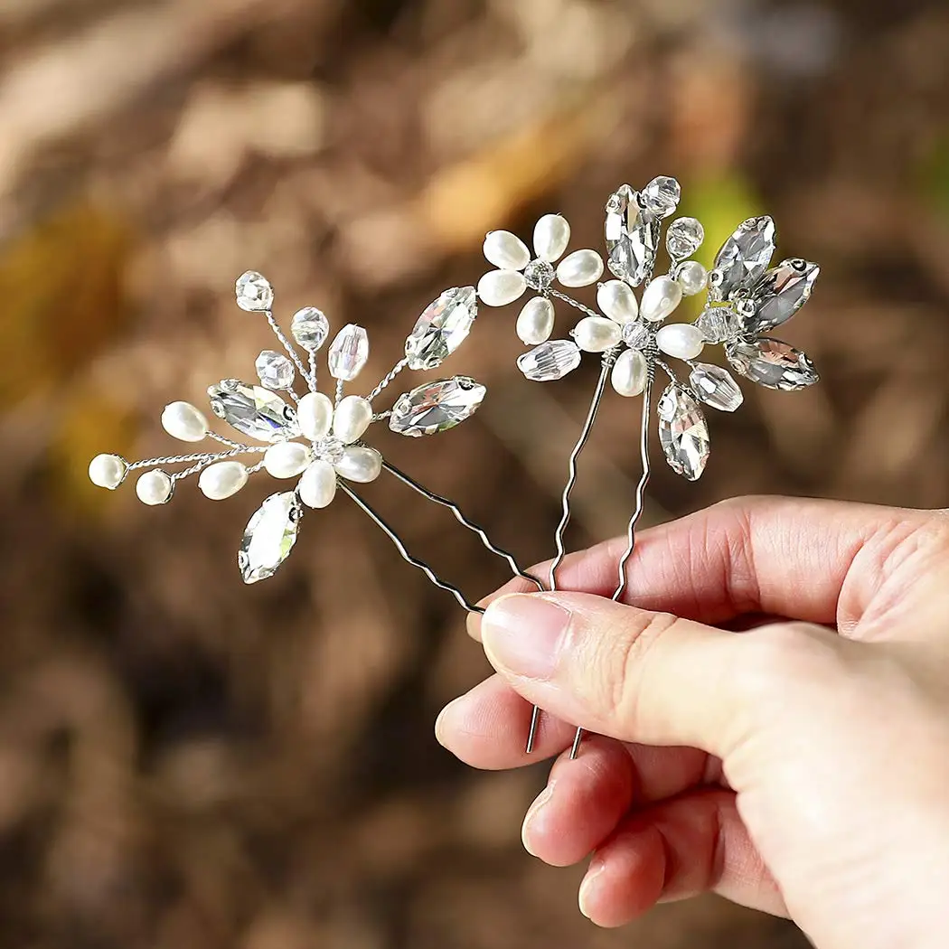 2Pcs Hair Pin Clip Set Crystal Pearl Hair Pin Clip Hairpin Bridal Wedding Hair Accessories Jewelry Pin Clip Hairpin Set Gift