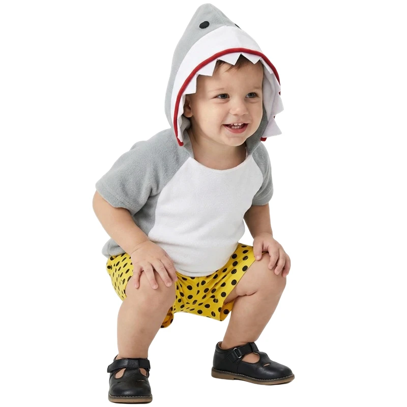 Kids Shark Performance Costume with Fish Tail Halloween Role Play Dress Up Party Outfit for Boys Girls Ocean Animal Wear