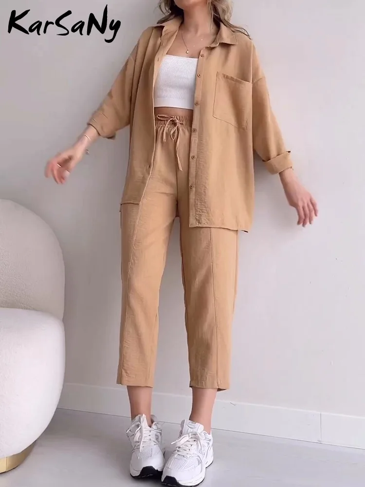 Long Solid Color Sleeved Shirt 2024 New Spring Women\'s Fashion Suit New Two Piece Set Pants Sets Loose Women\'s Suit Pants Sets