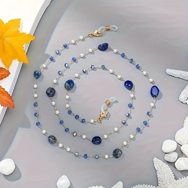 Made By Hand Glasses Chain For Summer Light Luxury Pearl Crystal Navy Blue Hanging Chain Fashion  Anti-Loss Eye Chain