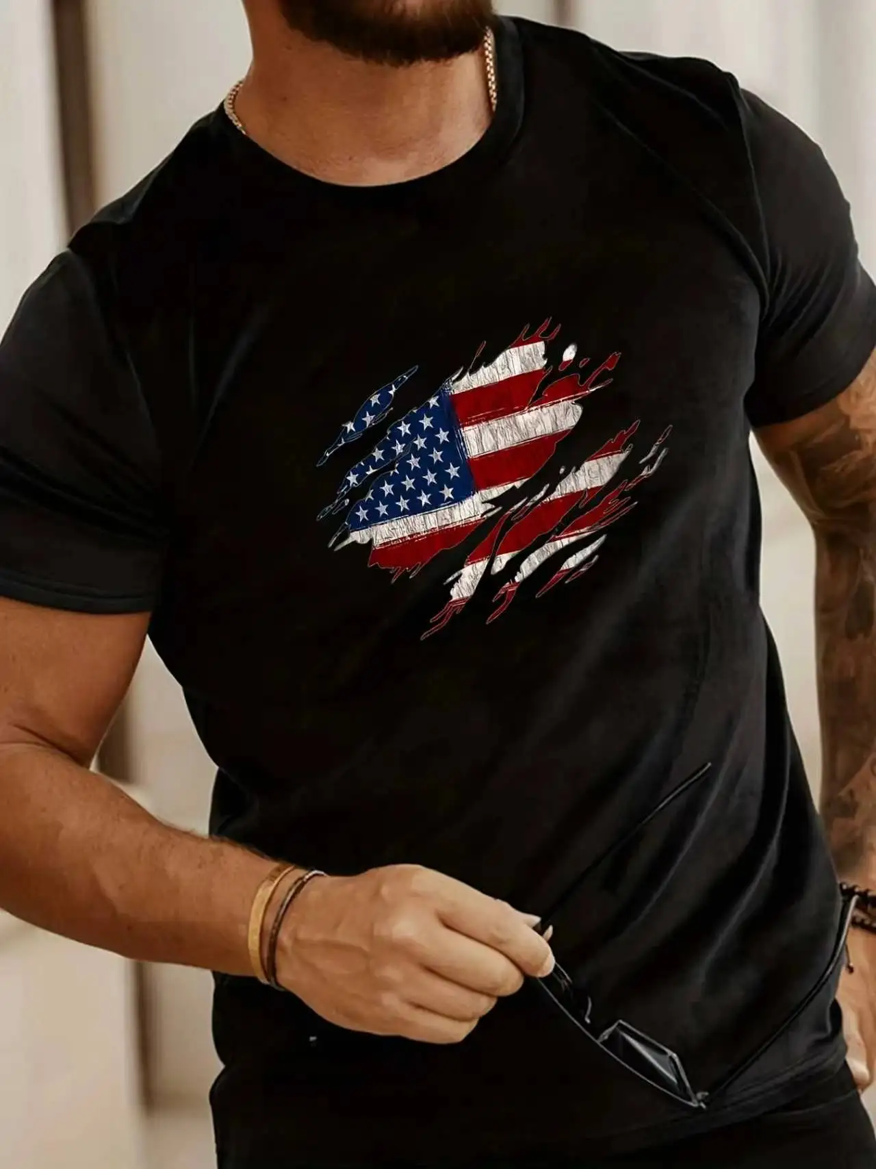 Retro Men's T-Shirt Gym American Flag Print Casual Crew Neck Short Sleeve Top Outdoor Loose-Fit Sweatshirt Streetwear Pullover
