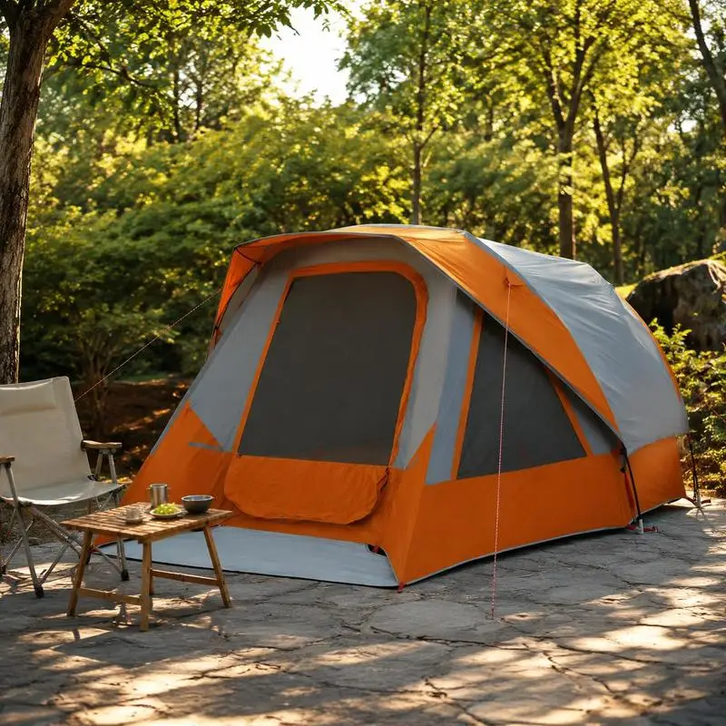 Tente de camping pour 4 personnes, grise et orange, imperméable, idéale pour la randonnée en banlieue, le camping en bord de lac et les séjours de nuit en bord de mer, avec une excellente performance d'étanchéité.